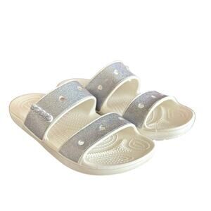 Crocs Classic White Silver Glitter Slide Sandals Shoes Comfort Women’s 10 EUC